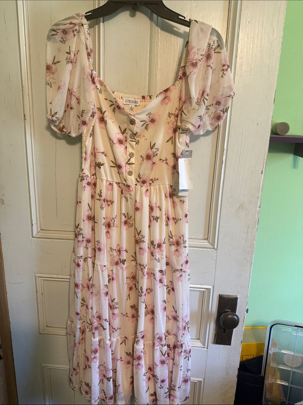 Luxology Cream Midi Dress with Pink Floral Print